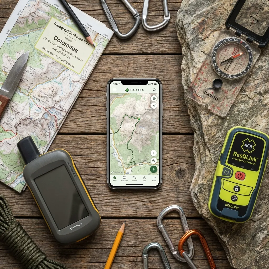 Flat lay of hiking navigation equipment