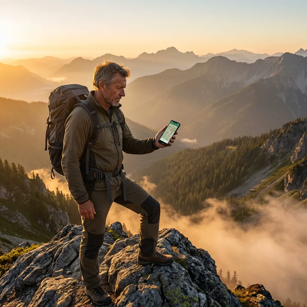 Hiker using offline maps on mountain peak