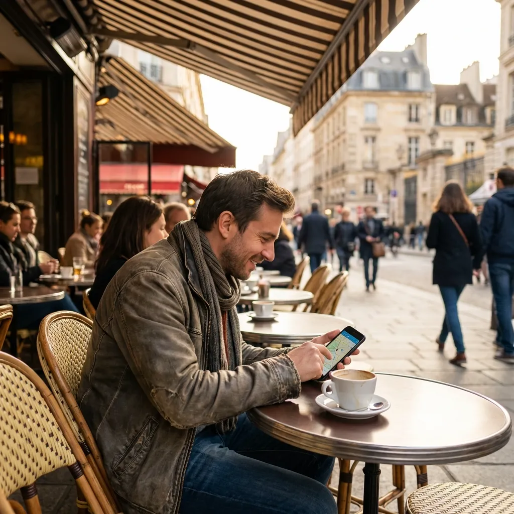 Traveler checking maps in European cafe