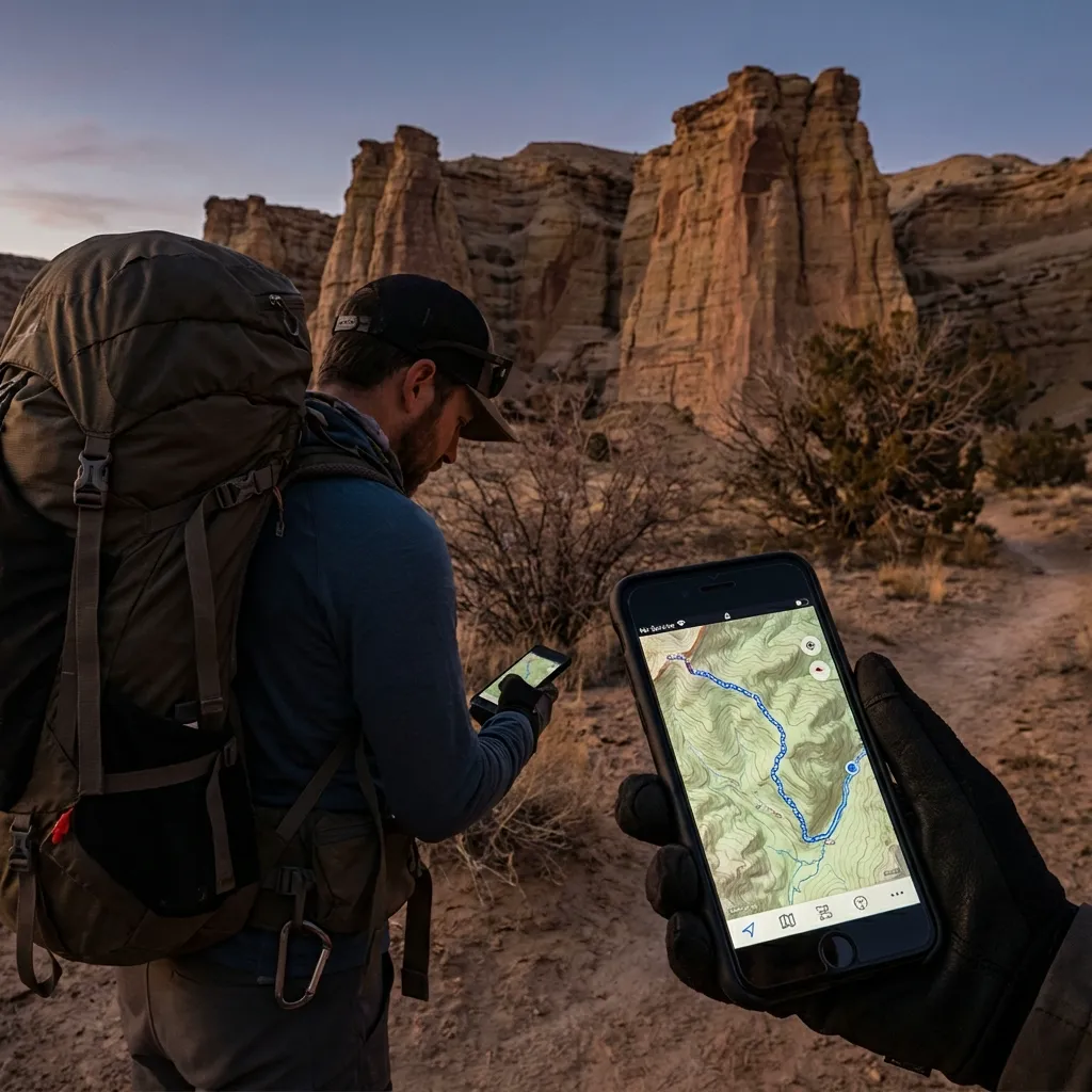 Hiker using off-grid navigation in desert